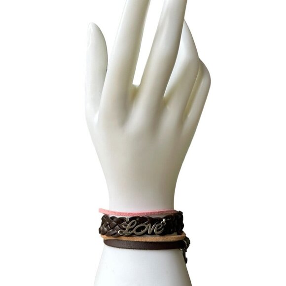 Artisan Crafted Jewelry - VTG Cuff Bracelet 8" Strap Brown Leather Love‎ Anchor Metal Braided